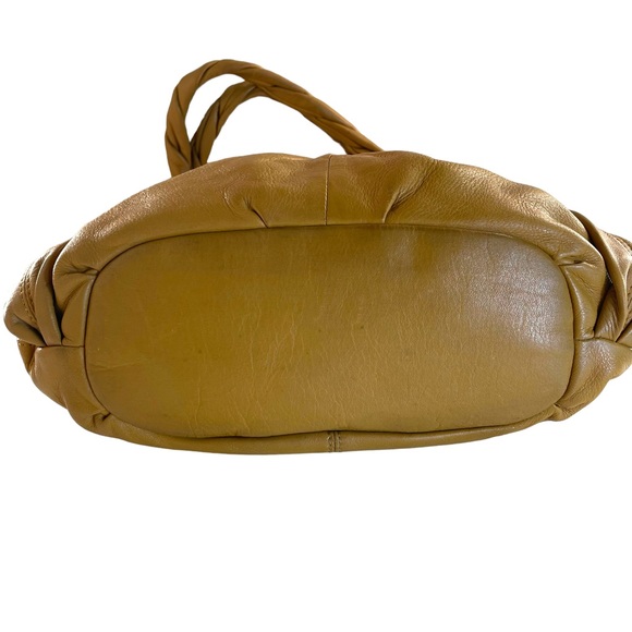 B. Makowsky Camel Leather Hobo w/ Braided Handle Magnetic Closure Leopard Lining - Picture 9 of 15